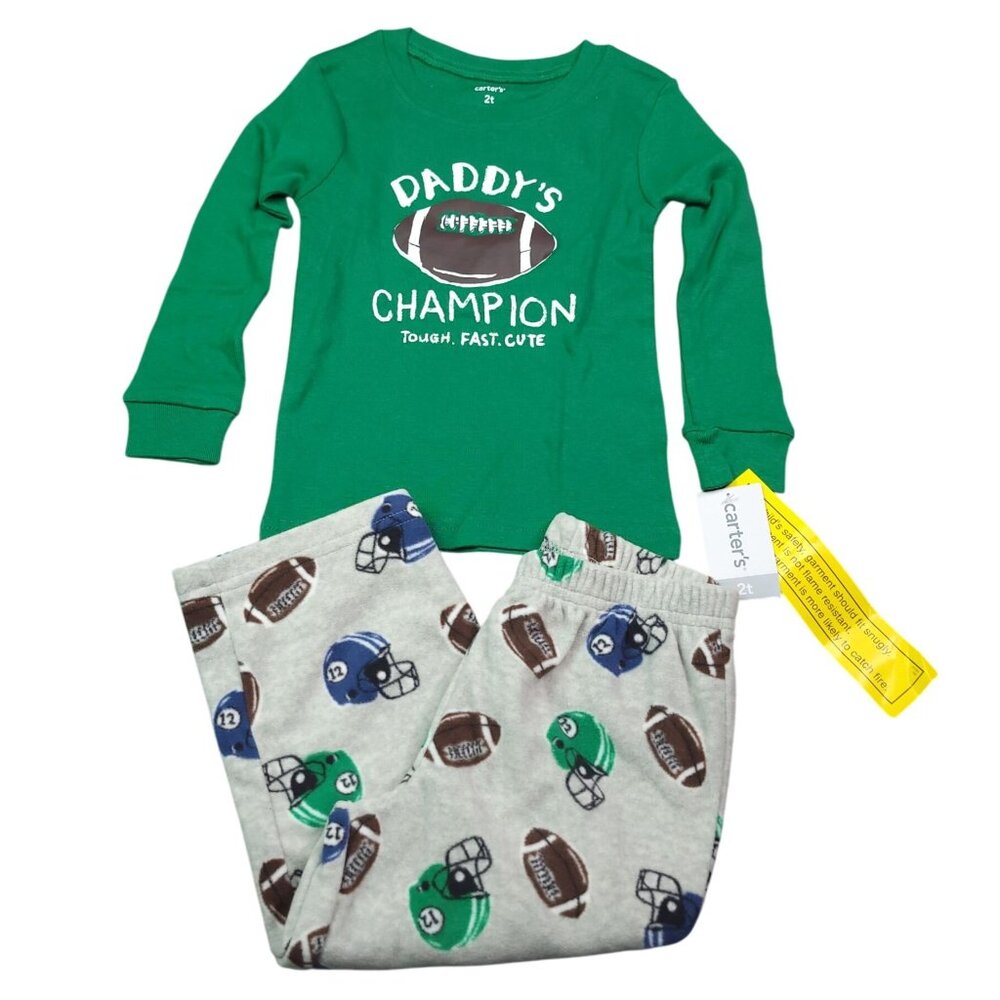 Daddys Champion Football Pajama Set Toddler Boys 2T Green & Gray By Carters